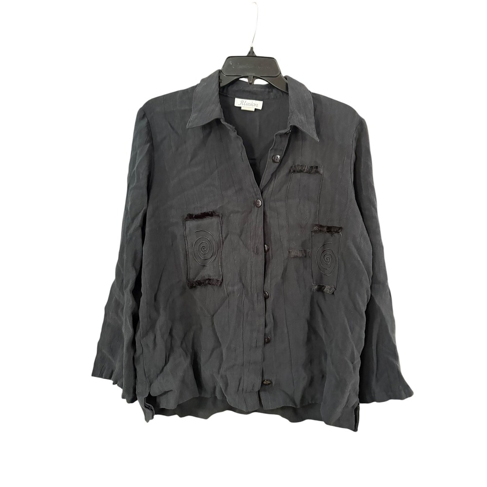 Illusion Womens Black Tencel Button Up Blouse‎ Spiral Patch Frayed Trim Large
